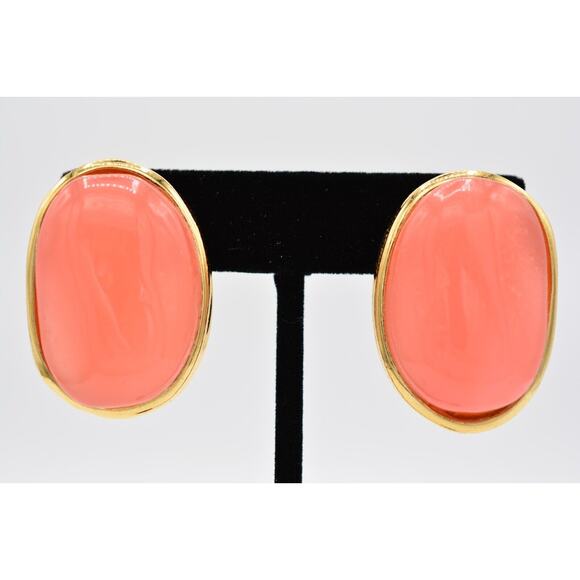 Givenchy Vintage Lucite Clip On Earrings Pink Gold Chunky Signed 1980s 80s Bin7 - Picture 1 of 12